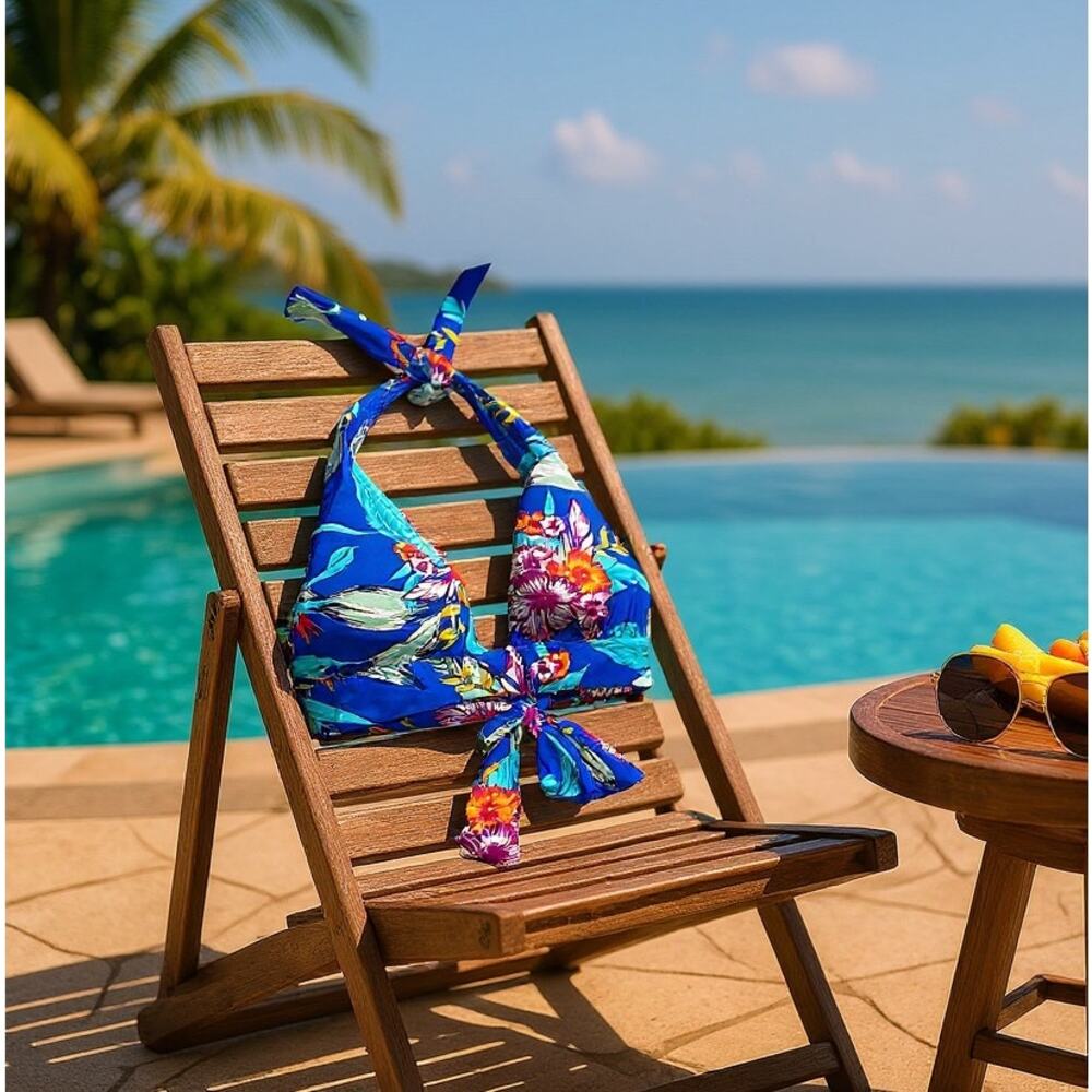OLD NAVY Swim Classic Halter Bikini Top Blue Tropical Floral Womens Medium